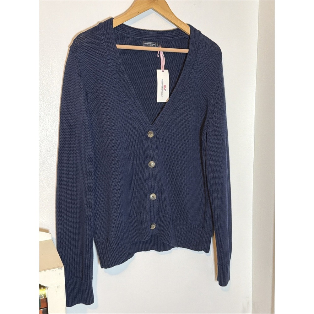 NWT Vineyard Vines Chunky Knit Navy Blue 100% Cotton Button Up Cardigan Sz L
